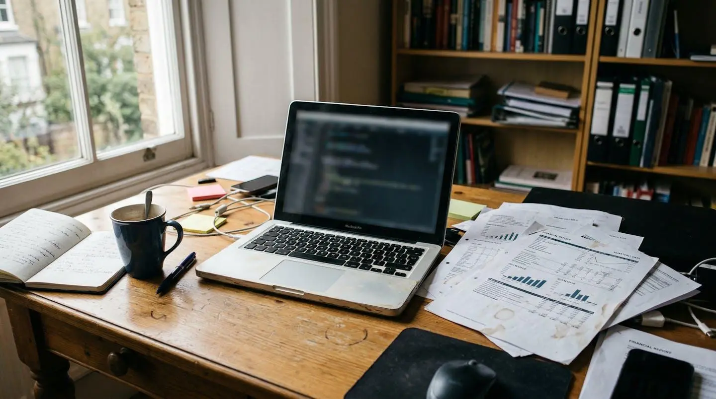 Bureau de travail avec un ordinateur portable dont l'écran est flouté, des documents imprimés posés à côté, lumière naturelle venant d'une fenêtre
