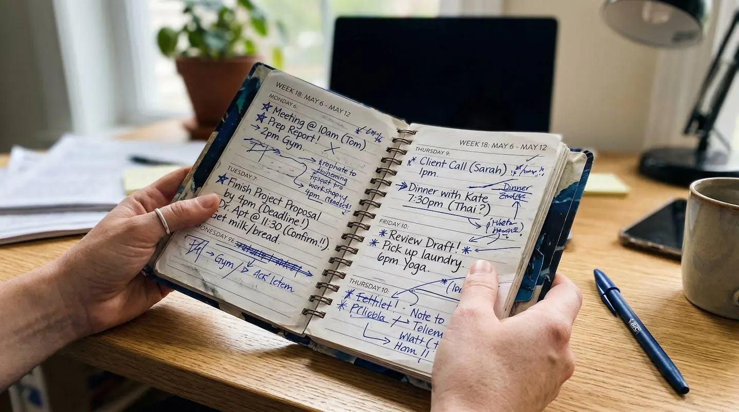 Gros plan sur des mains tenant un calendrier avec des annotations manuscrites, un stylo posé sur le document