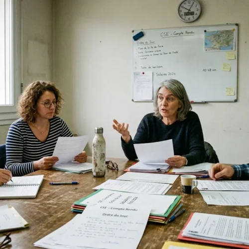 Plusieurs personnes assises autour d'une table de réunion dans une salle d'entreprise, expressions concentrées, documents posés devant eux