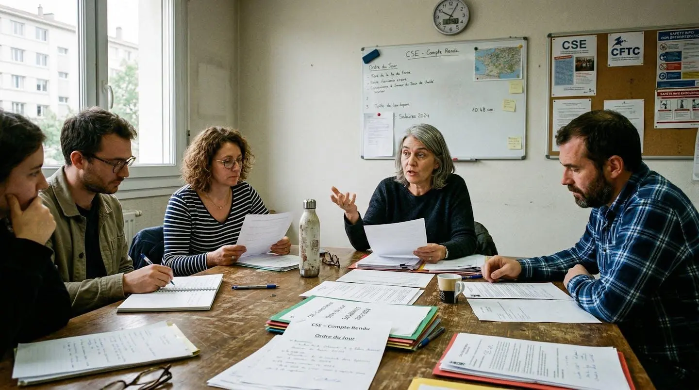 Plusieurs personnes assises autour d'une table de réunion dans une salle d'entreprise, expressions concentrées, documents posés devant eux