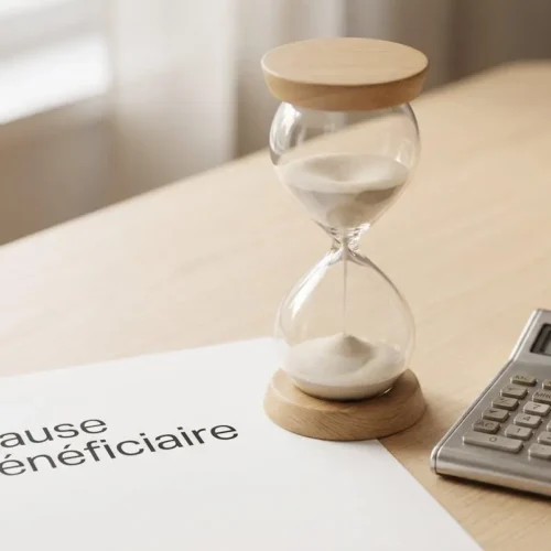 Sablier en bois clair sur une table minimaliste à côté d'un document 'Clause Bénéficiaire' et d'une calculatrice, symbolisant le temps qui passe et l'importance d'anticiper ses décisions patrimoniales