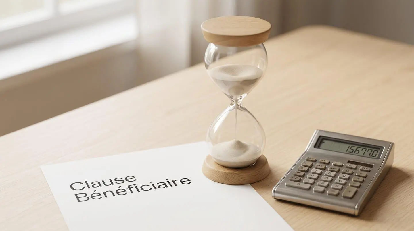 Sablier en bois clair sur une table minimaliste à côté d'un document 'Clause Bénéficiaire' et d'une calculatrice, symbolisant le temps qui passe et l'importance d'anticiper ses décisions patrimoniales