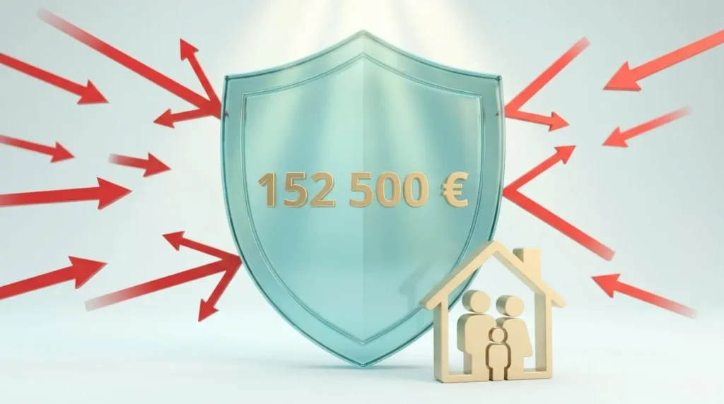Bouclier translucide bleu-vert avec le chiffre 152 500 € gravé en doré, déviant des flèches rouges, protégeant une icône de famille, symbolisant l'abattement fiscal