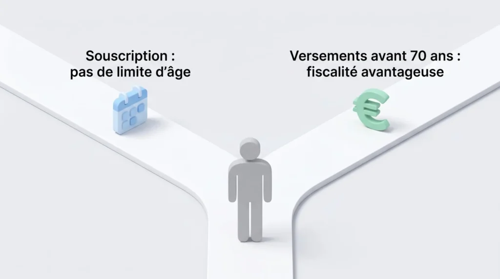 Illustration isométrique montrant deux chemins distincts : un représentant l'âge de souscription sans limite, l'autre les versements avant 70 ans avec avantage fiscal